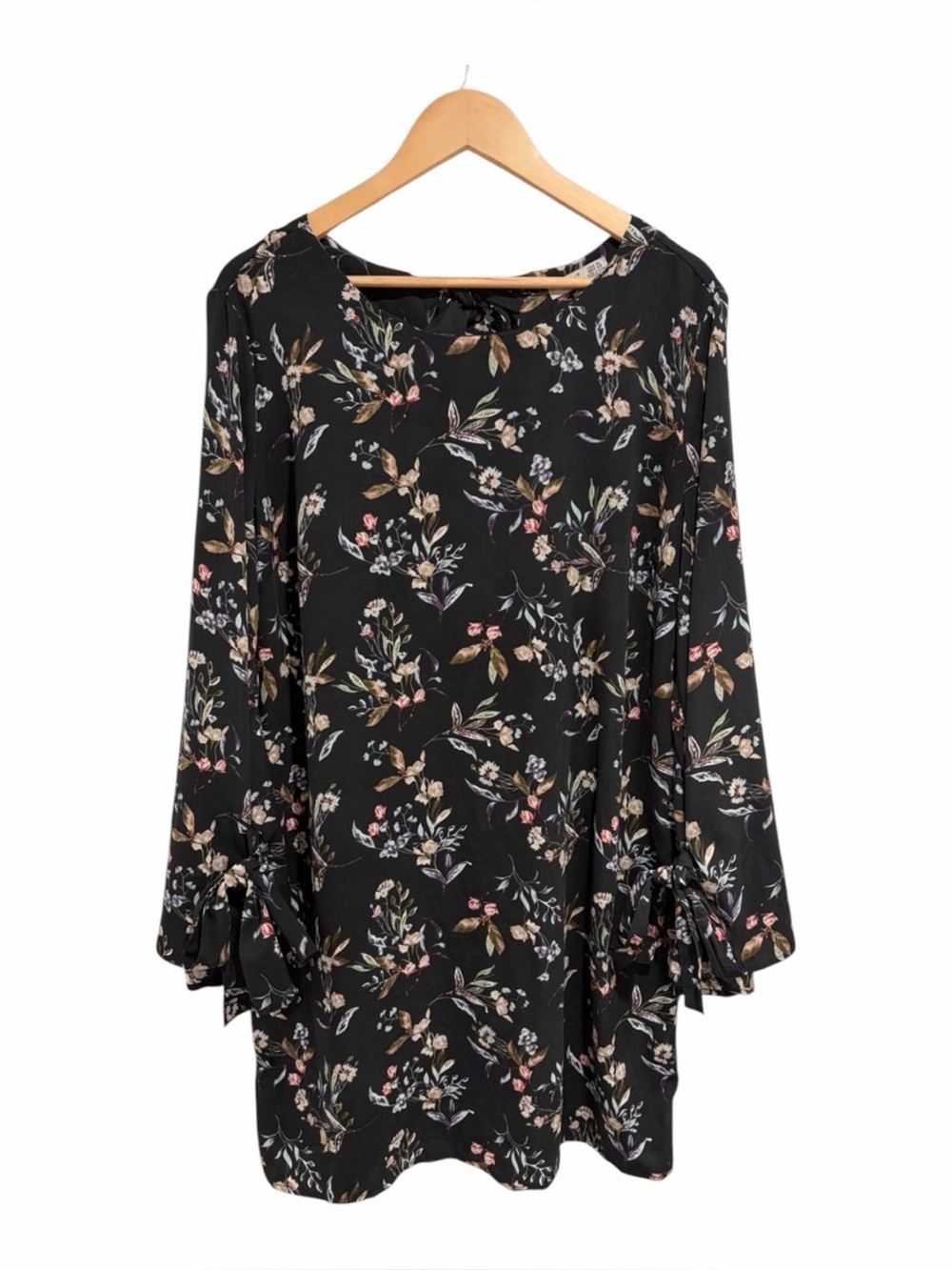 Dex Women’s Black Floral Long Sleeve Tunic Dress Wide Sleeves Tie Wrist